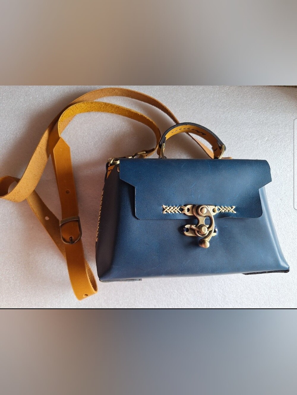 Handmade Blue Leather Vintage Satchel Crossbody Bag
